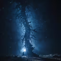 a man in a black jacket is under a spooked tree