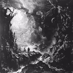 a man is standing in a dark landscape,an abstract painting depicting the caves, in black and white