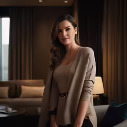 a woman standing in a living room posing for a photo