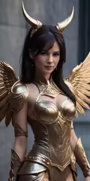 a woman wearing an artistic gold outfit and wings