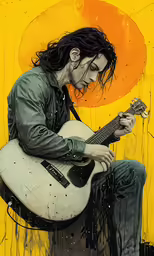 a painting of the guitarist with long hair sitting