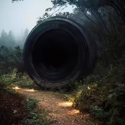 a big tire lying on its side in the forest