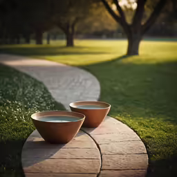 there are two bowls sitting on the sidewalk