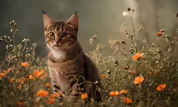 a cat stands in some grass with orange flowers