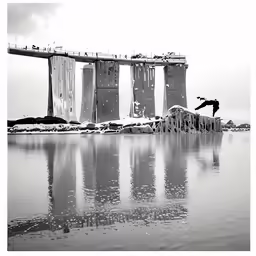 a person jumping in the air near a bridge
