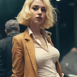 a woman with light blonde hair and light eyes standing in front of an audience