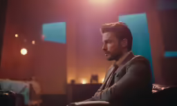 a man with short hair sitting down in a chair