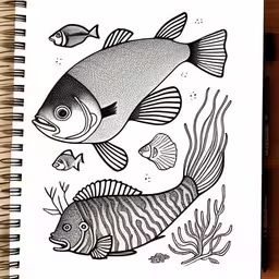 the fish are black and white,a notebook with a drawing of two fish and some algae,a drawing of fish on a white notepad,an illustration of a fish and other marine creatures,a drawing of some fish swimming in the ocean