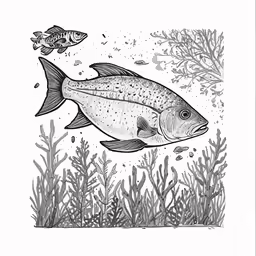 a drawing of two fish swimming next to some coral