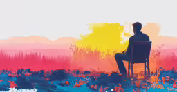 a man is sitting in an empty chair with the sunset in the background