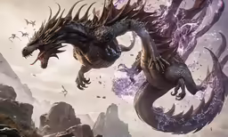 an illustration of a dragon flying over mountains