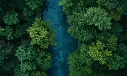 a boat moves through the deep green water