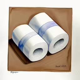 there are two rolled up paper towels on a small tile,two rolls of white paper on a wood panel