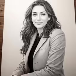 a woman wearing a gray suit in front of a drawing