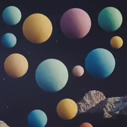 a group of multi - colored balls that are floating in the sky