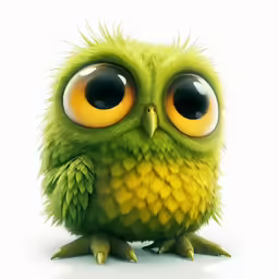 an adorable green and yellow owl sitting on the ground