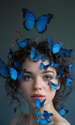 a girl with butterflies on her head