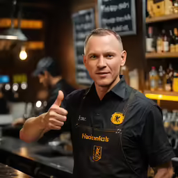 a smiling man at a bar giving a thumbs up