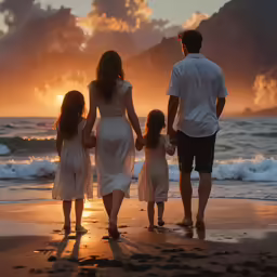 family walking on the beach at sunset