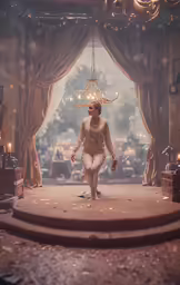 a woman dressed as the nutcracker stands behind an open stage