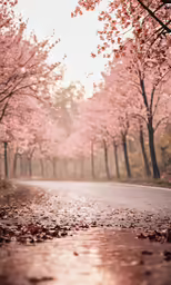 the road is in front of many cherry trees