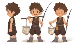 different poses of a cartoon boy carrying drums and fishing