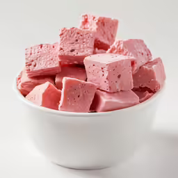 there is a white bowl filled with pink cubes