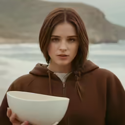 a woman holding a bowl on top of a beach
