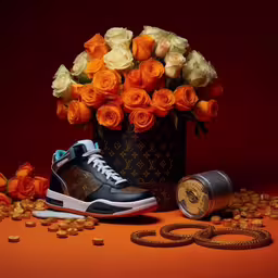 an air jordans is sitting next to roses in a basket,a close up view of a shoe, next to flowers
