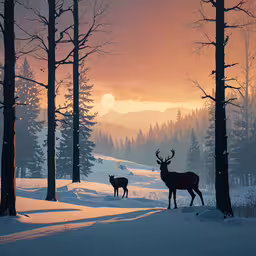 the two deer are walking down a snowy hill,two deer are standing in the snow next to a forest
