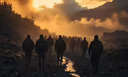 the silhouettes of several men walking down a dirt path toward the setting sun
