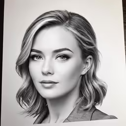 a woman with long hair is holding up a pencil drawing of her face
