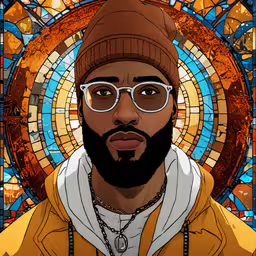 a painting with a man wearing glasses and a brown hat,a stylized image of a black man in front of a stained glass window