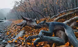two sculptures of kangaroos near the road