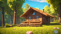 a cabin nestled in the woods next to some stones,a wooden cottage in the middle of trees