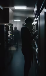 woman looking through vending machine in a subway station