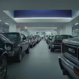 a group of cars that are lined up in a car garage