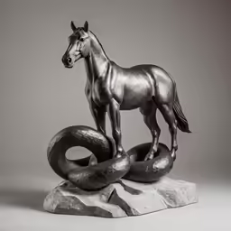a horse standing on top of a rock next to a coiled snake