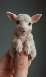 a tiny white lamb sitting on top of someones finger