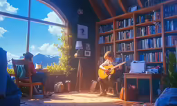 a man that is playing a guitar in front of a bookcase