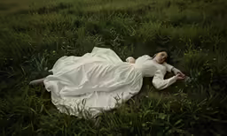 woman in white laying down in a field