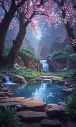 a stream flows beneath a blooming tree filled hillside