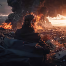 a person in black jacket sitting on a rock near a bush