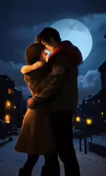 a couple kissing outside in front of the moon