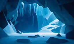the blue water is in the cave of ice formations