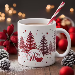 a cup of coffee on a table with some decorations and red candy cane