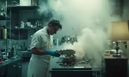 a man cooking while wearing safety gloves