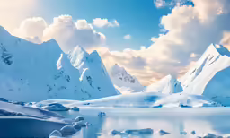 some mountains and water are in the middle of winter