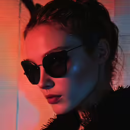 a girl wearing black sunglasses and a black coat