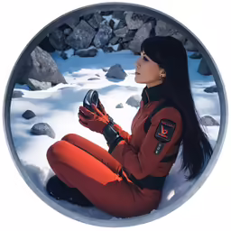 a woman sitting in the snow with her boots off